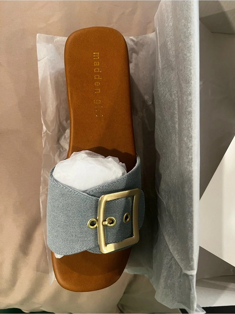 🩵🤎Madden Girl Blue Denim and Brown Platform Slide Sandals with Gold Studs SZ 8